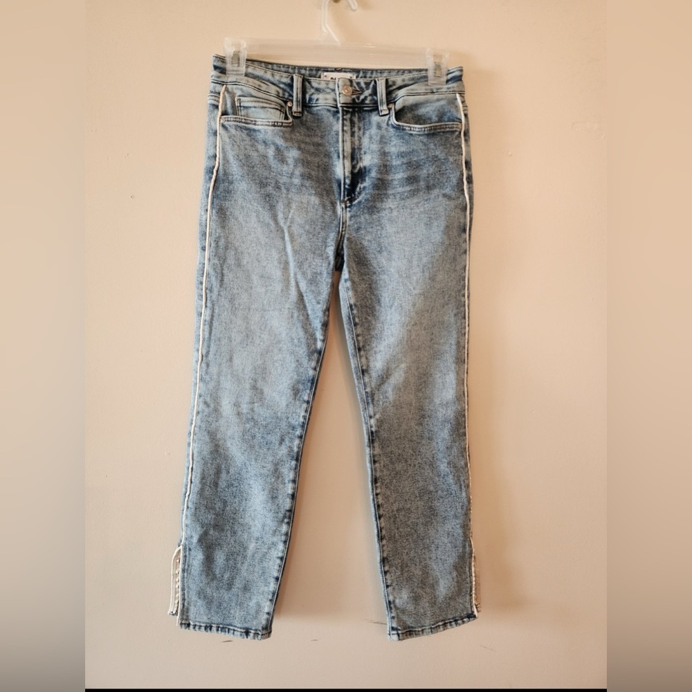 PAIGE Light Wash Straight Leg Jeans with Side Trim